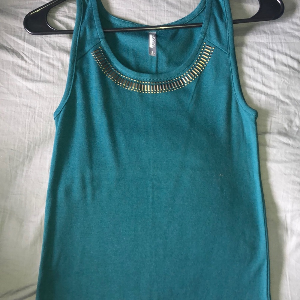 Blue tank with gold neck embellishments
